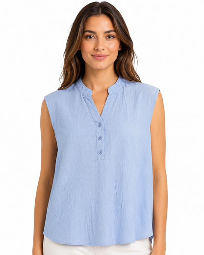 Blusa Donna Smanicata con Collo alla Coreana e Bottoni