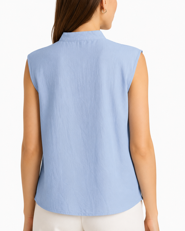Blusa Donna Smanicata con Collo alla Coreana e Bottoni