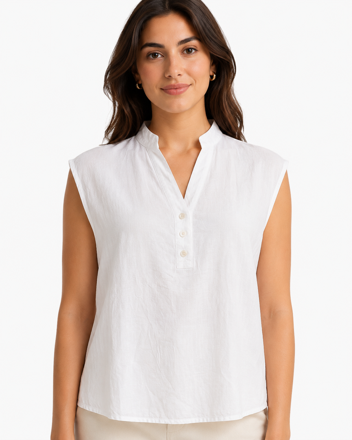Blusa Donna Smanicata con Collo alla Coreana e Bottoni