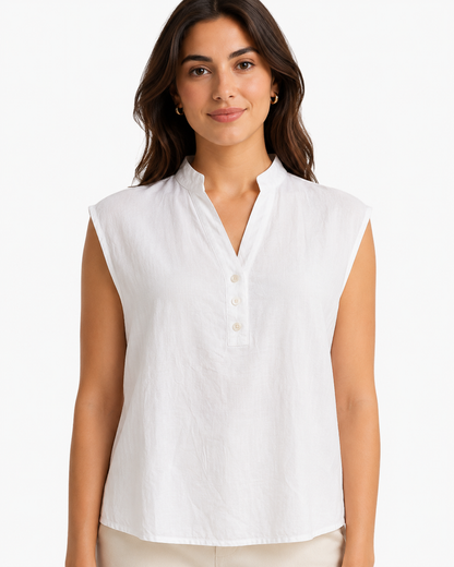 Blusa Donna Smanicata con Collo alla Coreana e Bottoni