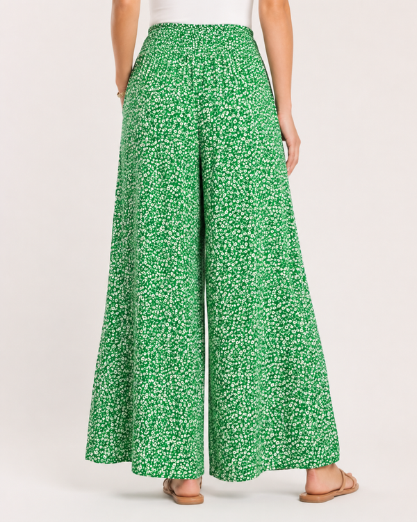 Titolo prodotto: Pantaloni Palazzo Donna Verdi a Fiori con Tasche – Vita Elasticizzata