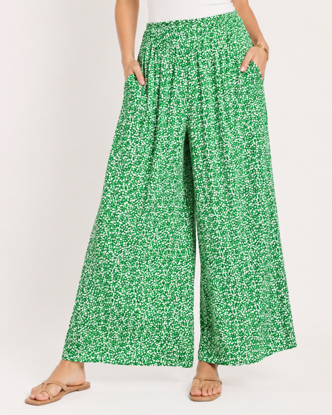 Titolo prodotto: Pantaloni Palazzo Donna Verdi a Fiori con Tasche – Vita Elasticizzata