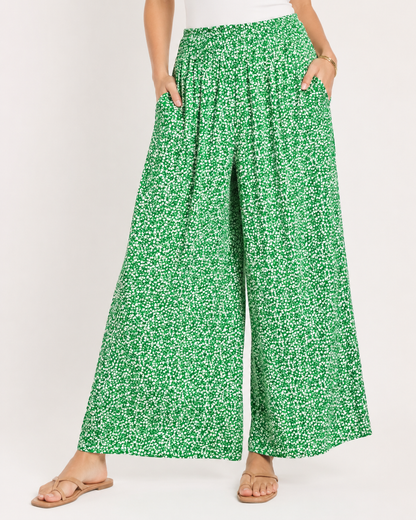 Titolo prodotto: Pantaloni Palazzo Donna Verdi a Fiori con Tasche – Vita Elasticizzata