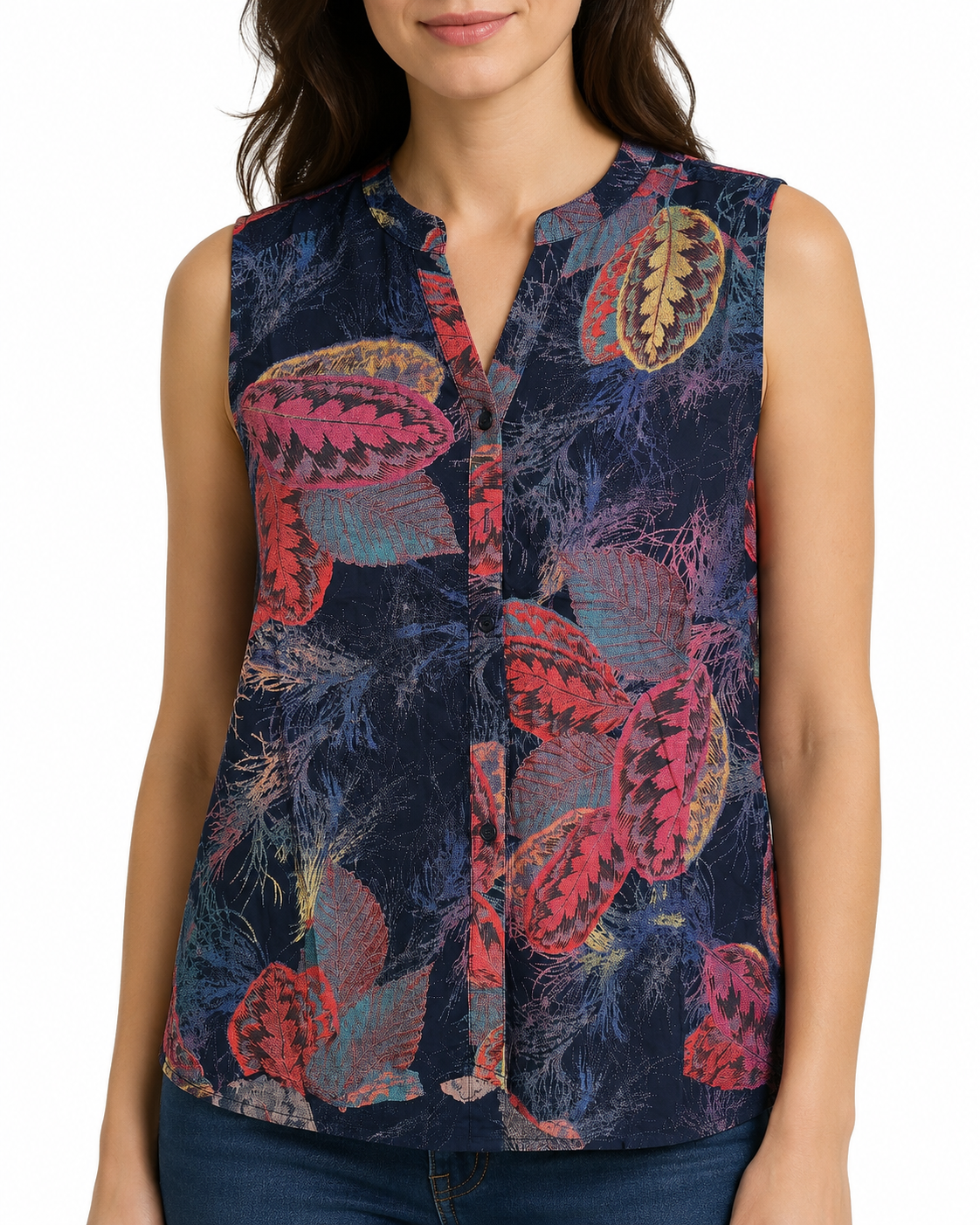 Camicia Donna Smanicata Blu Navy con Stampa Foglie Colorate