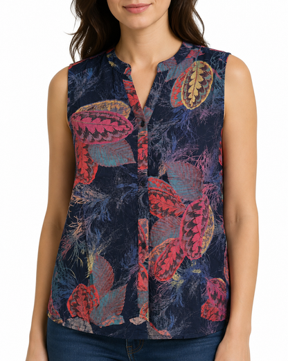 Camicia Donna Smanicata Blu Navy con Stampa Foglie Colorate
