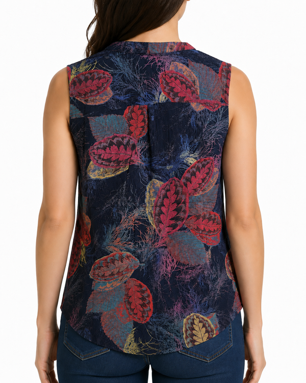 Camicia Donna Smanicata Blu Navy con Stampa Foglie Colorate