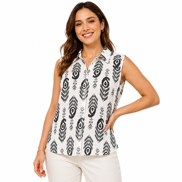 Camicia Smanicata Donna con Stampa Geometrica – Blusa Estiva Leggera