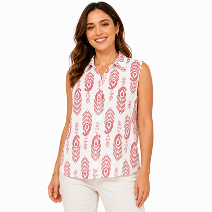 Camicia Smanicata Donna con Stampa Geometrica – Blusa Estiva Leggera