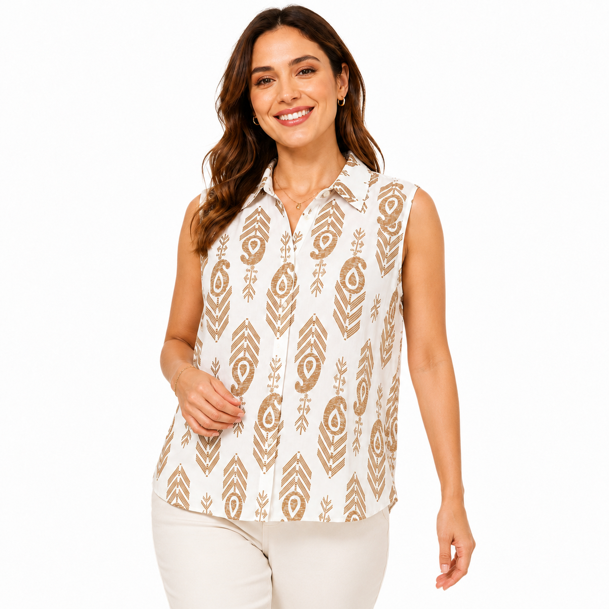 Camicia Smanicata Donna con Stampa Geometrica – Blusa Estiva Leggera