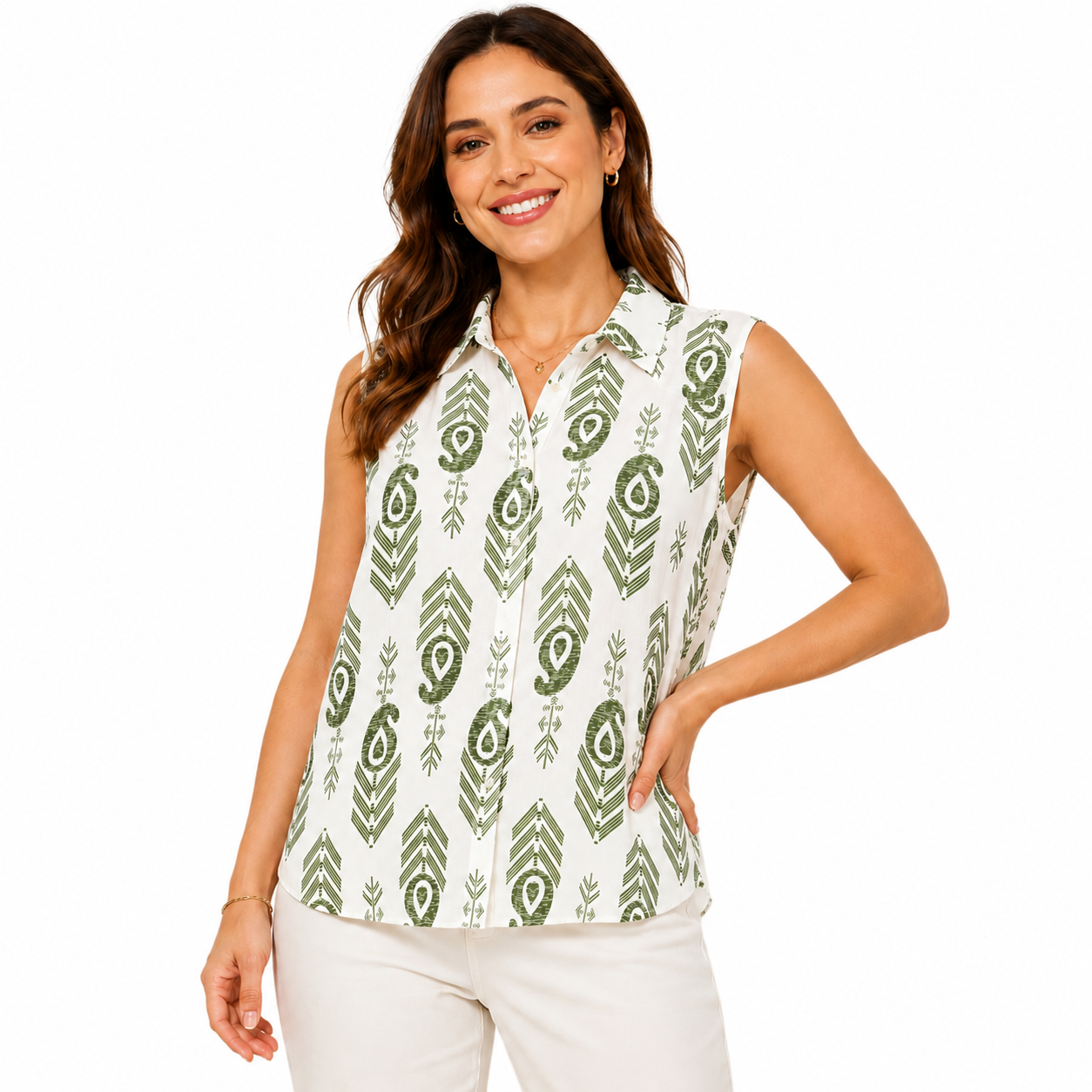 Camicia Smanicata Donna con Stampa Geometrica – Blusa Estiva Leggera