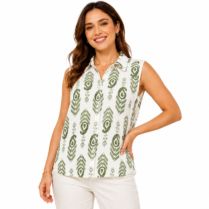 Camicia Smanicata Donna con Stampa Geometrica – Blusa Estiva Leggera