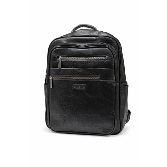 Zaino Uomo Nero in Ecopelle con 3 Tasche Frontali con Zip, Tasca Posteriore con Zip e Ampio Scomparto Principale
