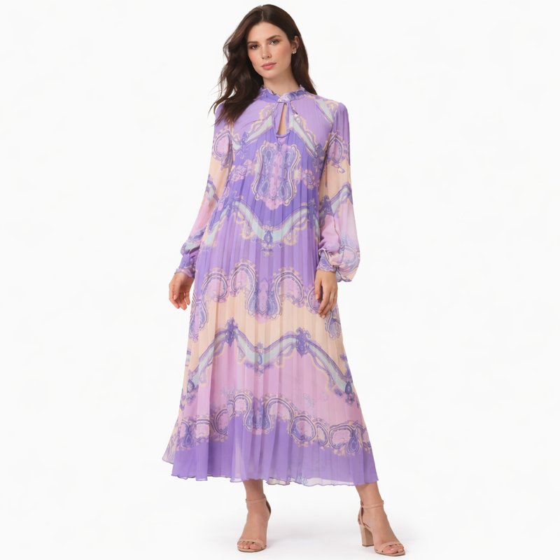 Vestito Lungo Plissettato Donna Viola con Stampa Paisley – Abito Elegante Maniche Lunghe