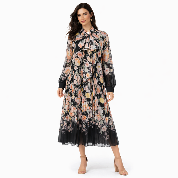 Vestito Lungo Plissettato Donna con Stampa Floreale – Abito Elegante con Fiocco al Collo