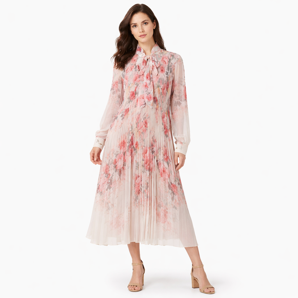 Vestito Lungo Plissettato Donna con Stampa Floreale – Abito Elegante con Fiocco al Collo