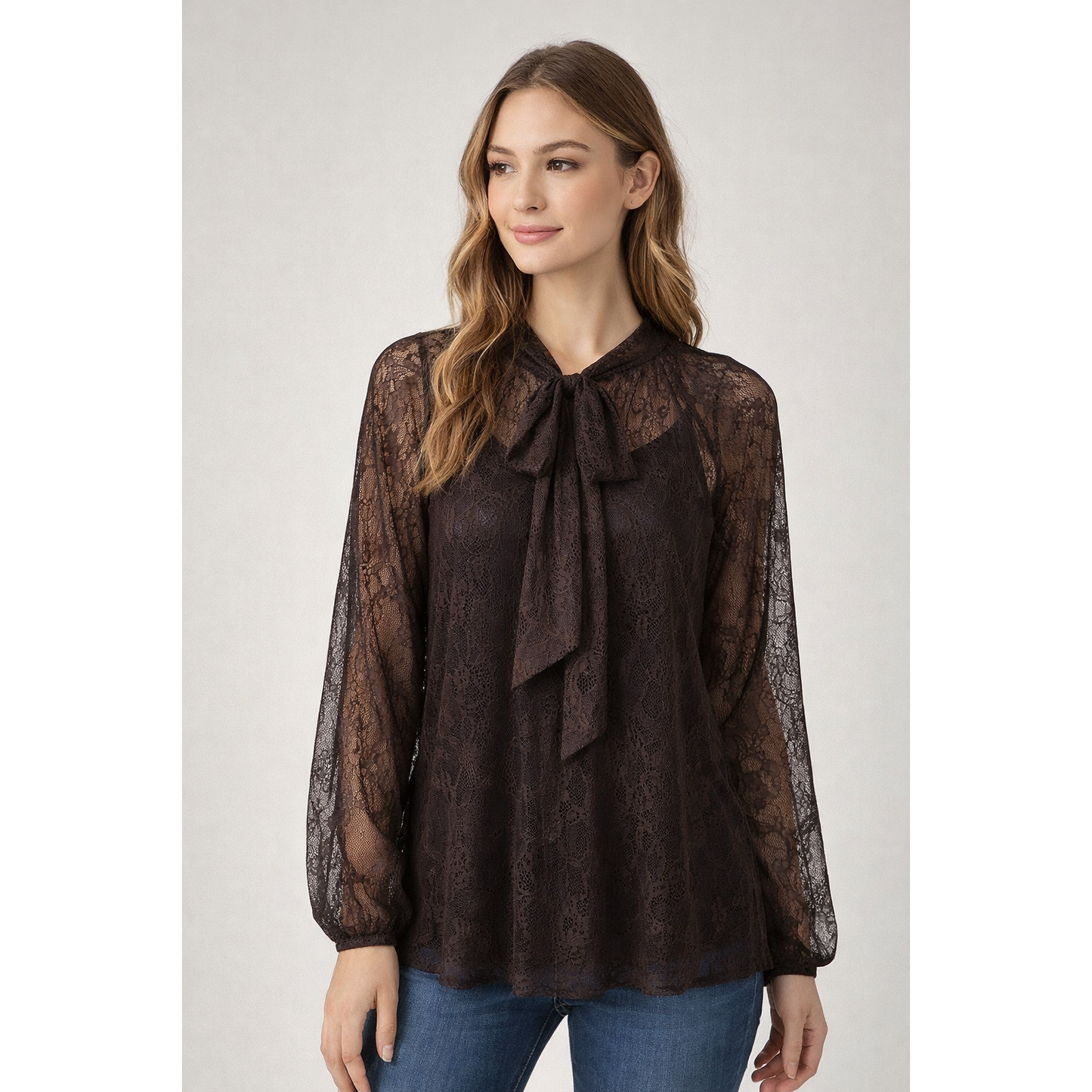 Blusa Donna Elegante in Pizzo Trasparente con Fiocco – Camicia Leggera Manica Lunga