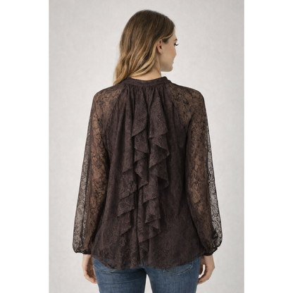 Blusa Donna Elegante in Pizzo Trasparente con Fiocco – Camicia Leggera Manica Lunga