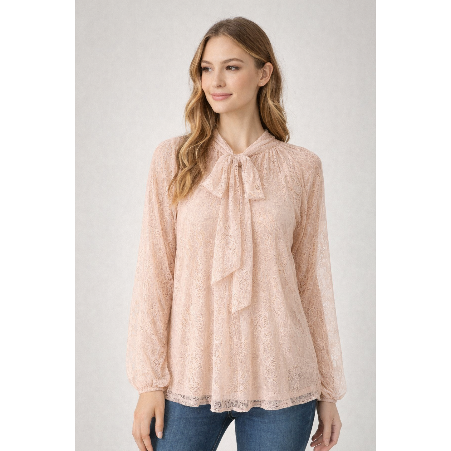 Blusa Donna Elegante in Pizzo Trasparente con Fiocco – Camicia Leggera Manica Lunga