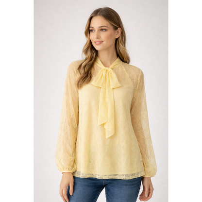 Blusa Donna Elegante in Pizzo Trasparente con Fiocco – Camicia Leggera Manica Lunga
