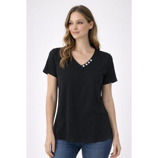 T-Shirt Donna Scollo a V con Bottoni – Maglietta Casual Manica Corta