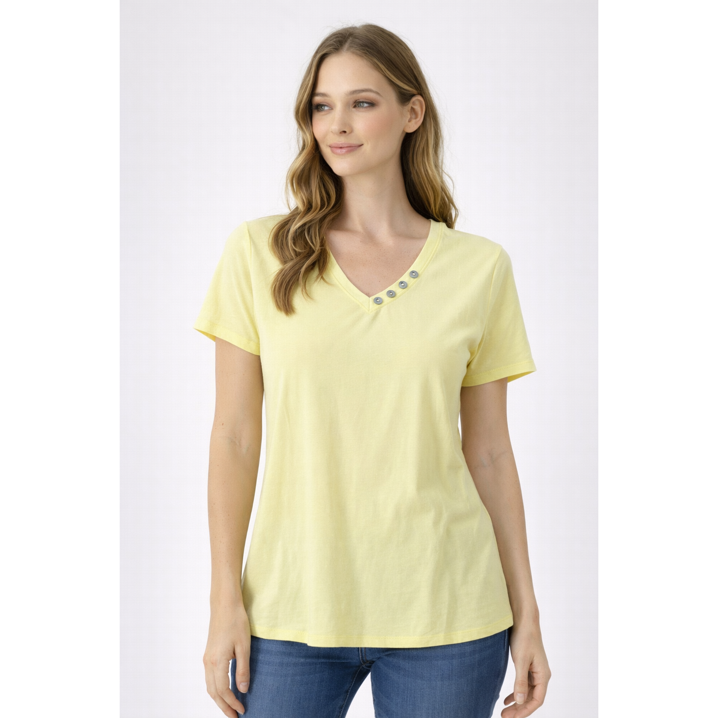 T-Shirt Donna Scollo a V con Bottoni – Maglietta Casual Manica Corta