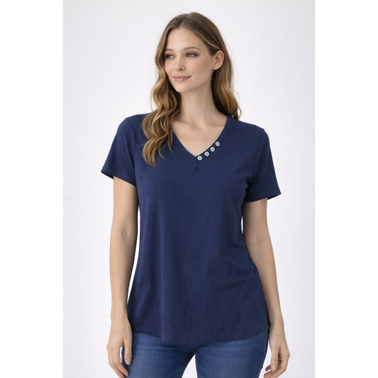 T-Shirt Donna Scollo a V con Bottoni – Maglietta Casual Manica Corta