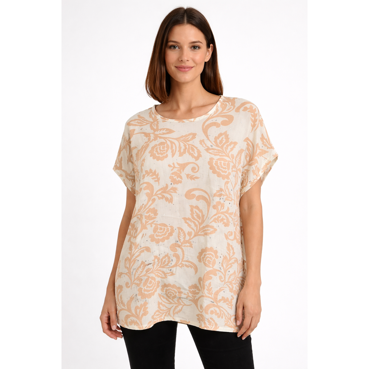 Maglia Donna Fantasia Floreale con Strass – Manica Corta