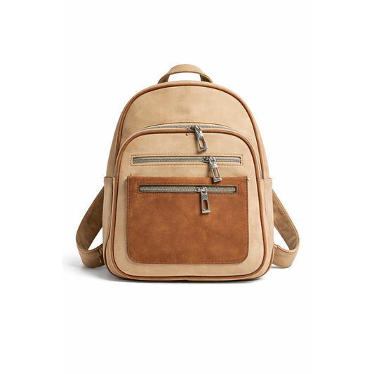 Zaino Bicolore Nero-Cuoio con Tasche Zip