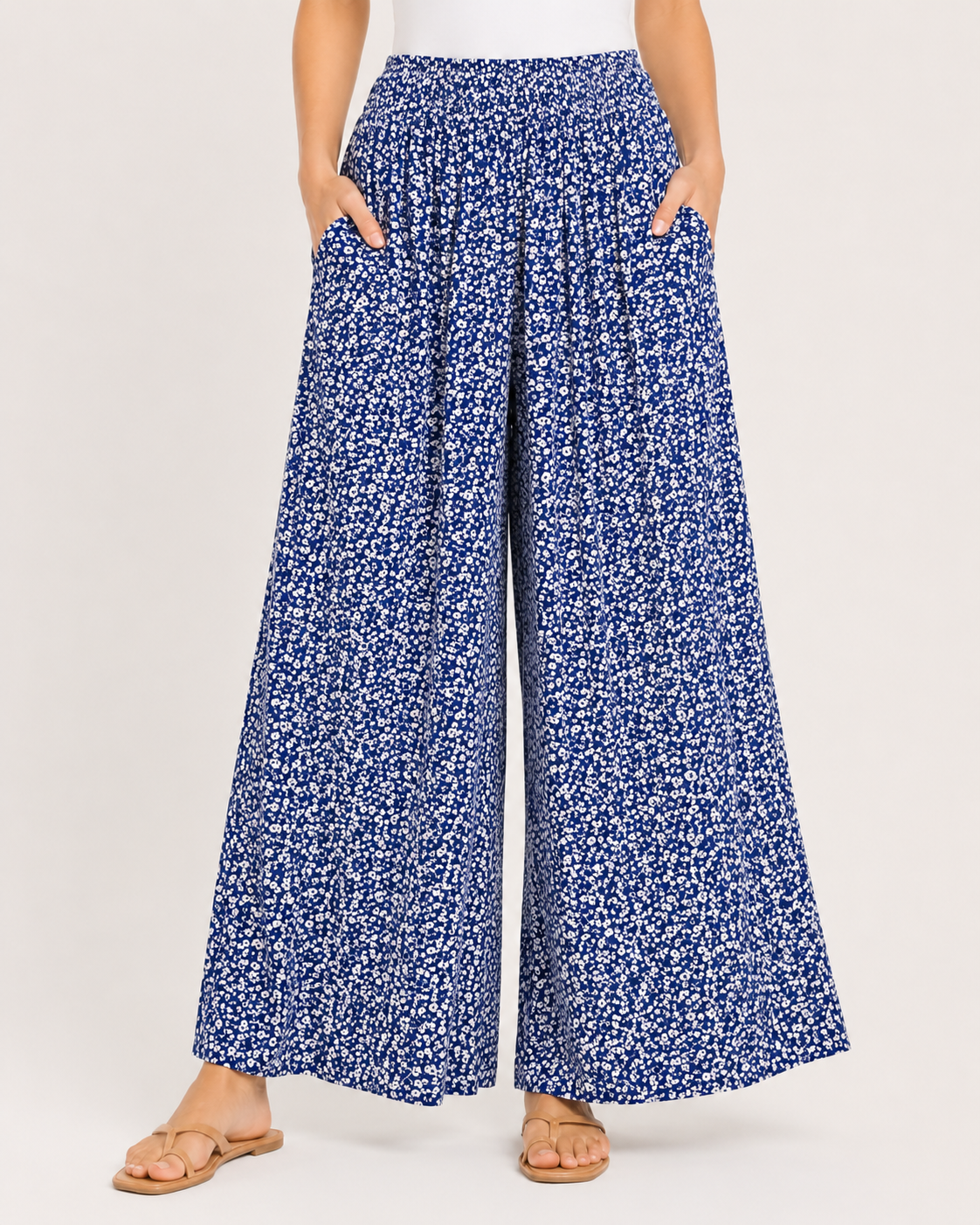 Titolo prodotto: Pantaloni Palazzo Donna Verdi a Fiori con Tasche – Vita Elasticizzata