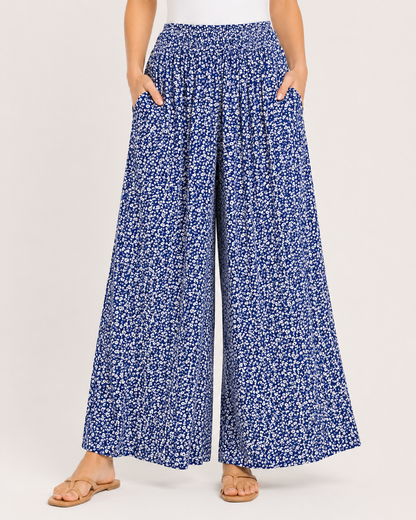 Titolo prodotto: Pantaloni Palazzo Donna Verdi a Fiori con Tasche – Vita Elasticizzata