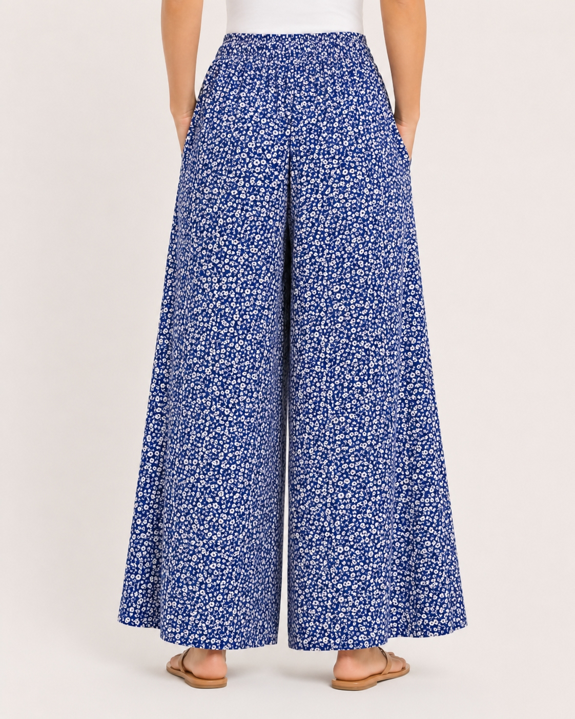 Titolo prodotto: Pantaloni Palazzo Donna Verdi a Fiori con Tasche – Vita Elasticizzata