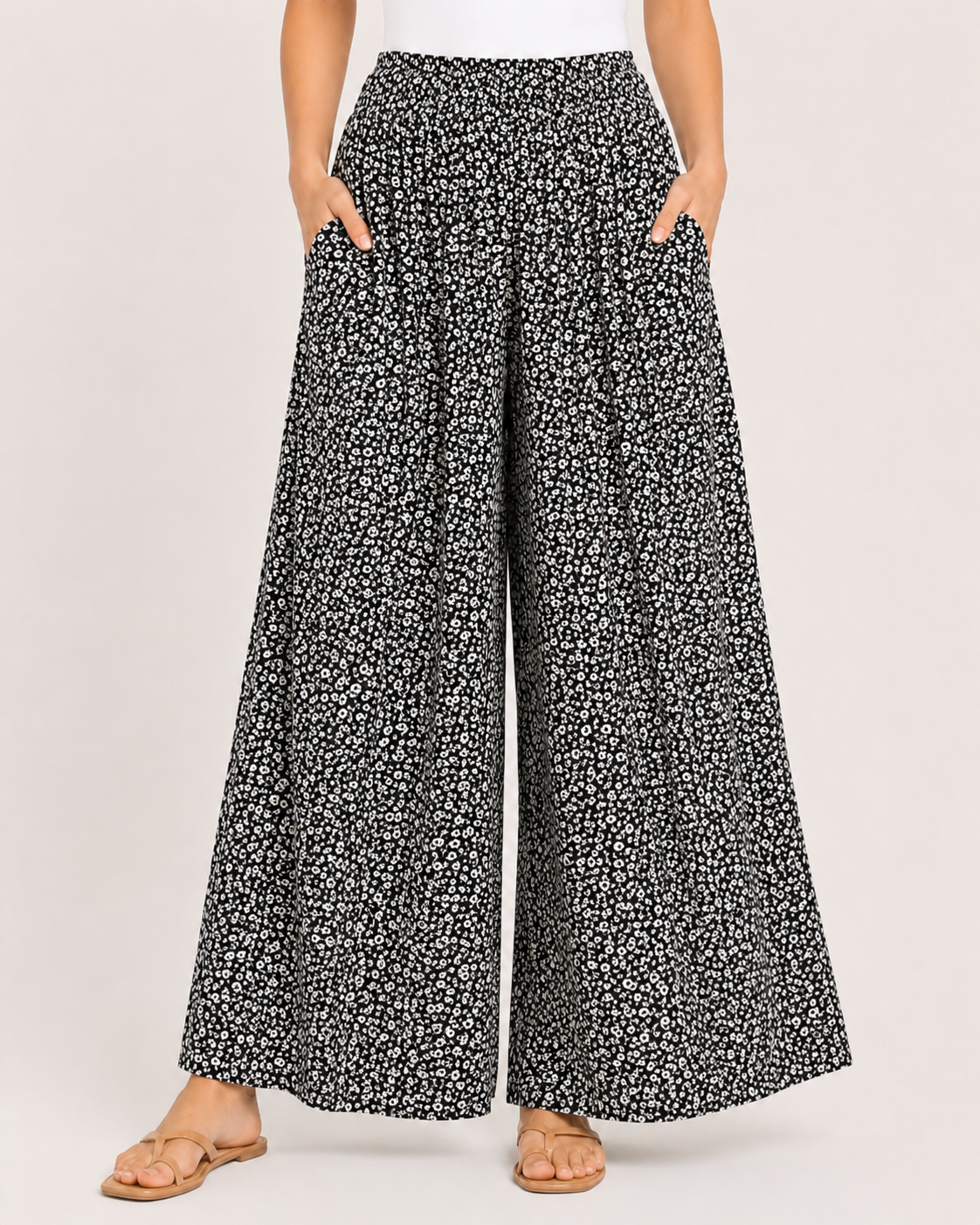Titolo prodotto: Pantaloni Palazzo Donna Verdi a Fiori con Tasche – Vita Elasticizzata