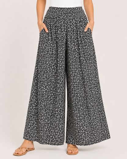 Titolo prodotto: Pantaloni Palazzo Donna Verdi a Fiori con Tasche – Vita Elasticizzata