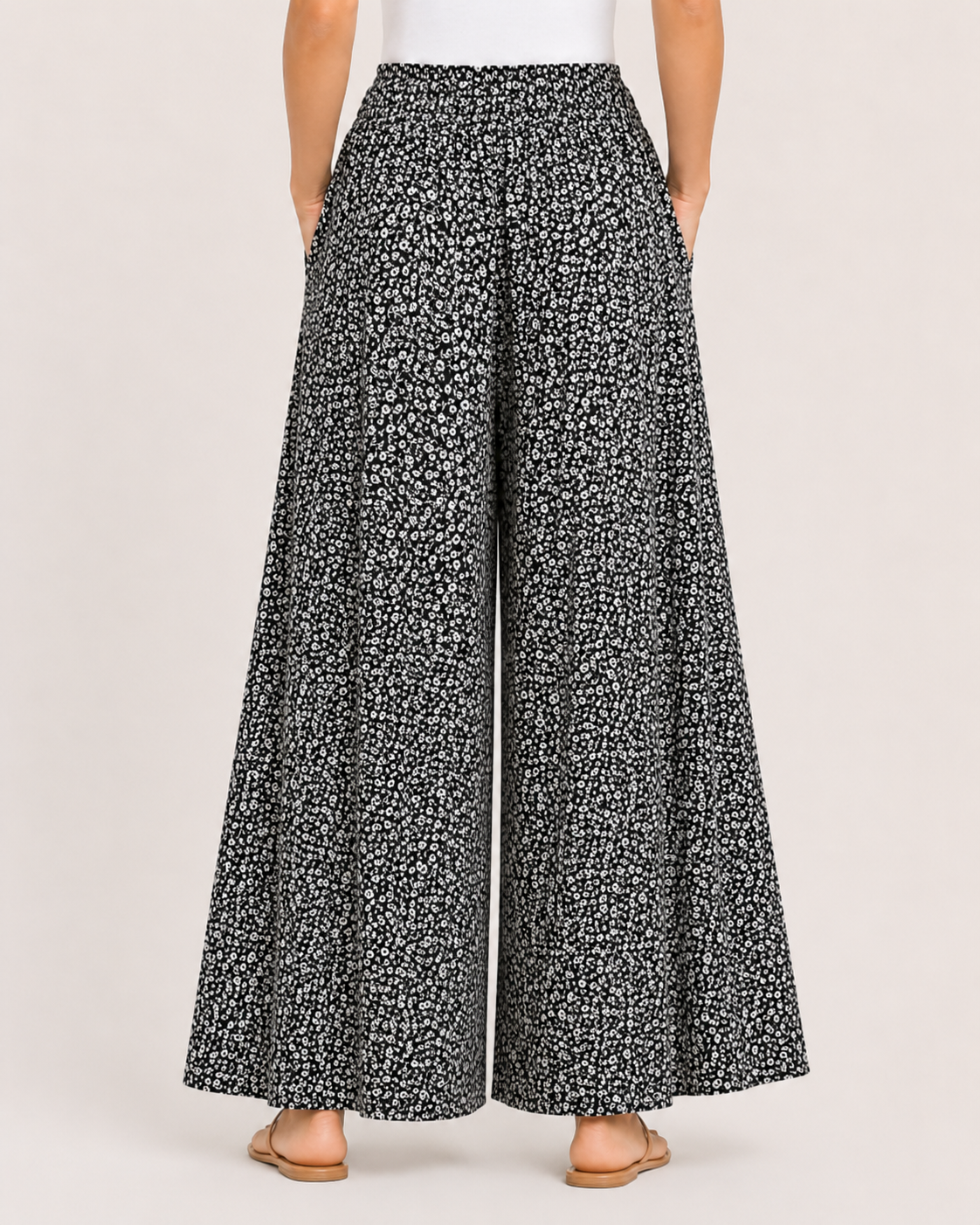 Titolo prodotto: Pantaloni Palazzo Donna Verdi a Fiori con Tasche – Vita Elasticizzata