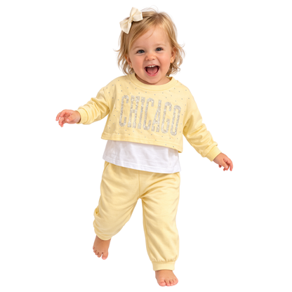Completo Bambina 3 Pezzi Chicago con Strass e Pantaloni con Tasche