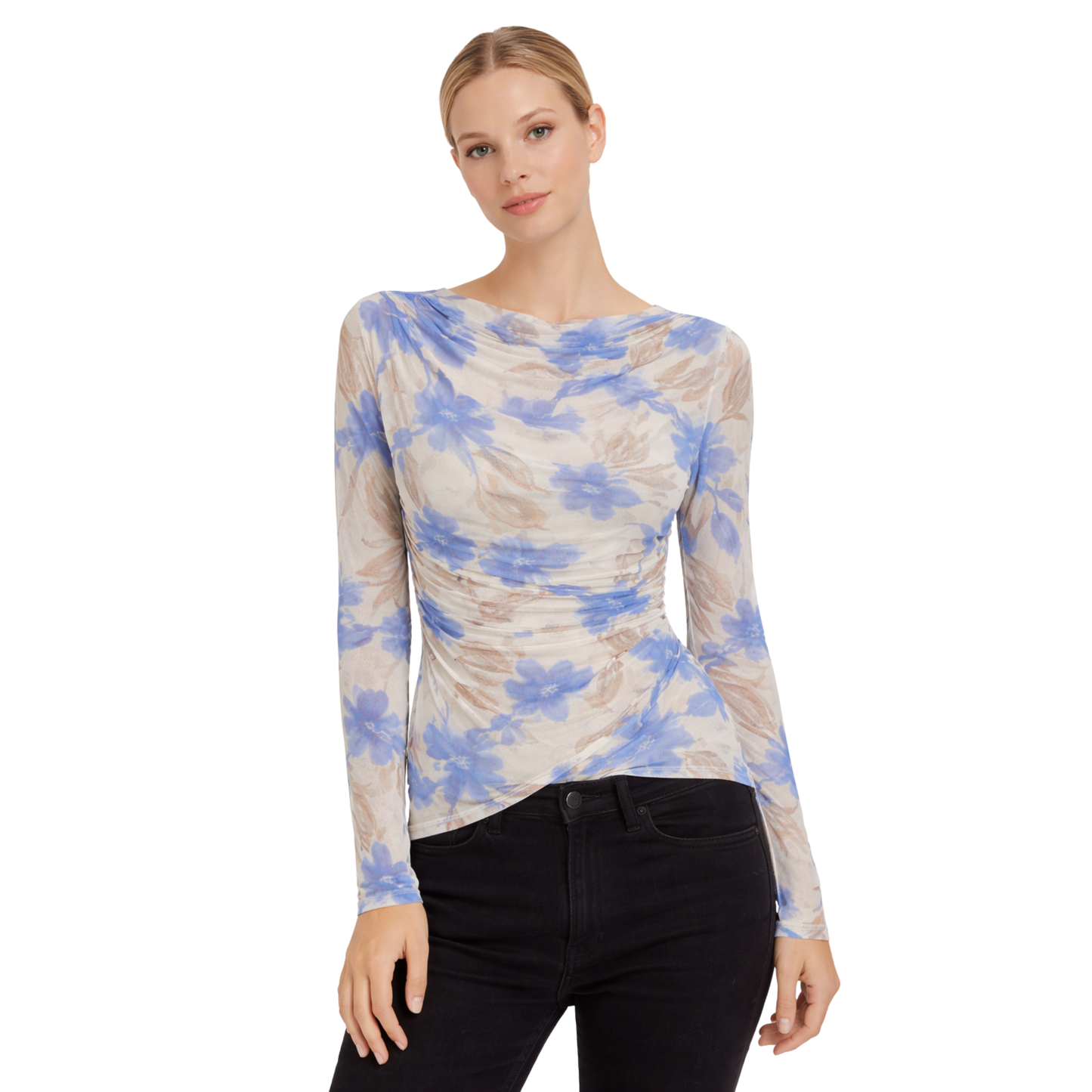 Top in Tulle Floreale Arricciato con Collo Drappeggiato – Donna