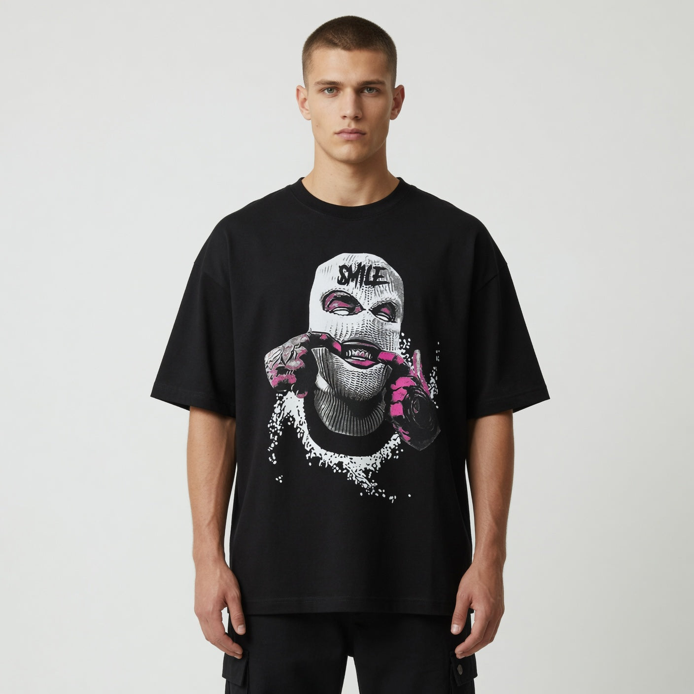 T-shirt uomo oversize nera con stampa Smile streetwear